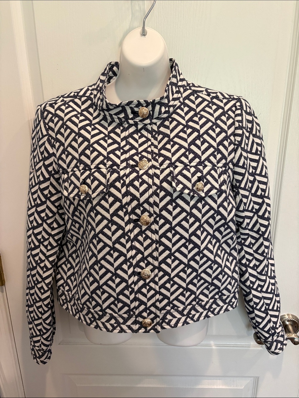 Ann Taylor Weekend Navy & White Geometric Button-Front Women's Jacket Size 8